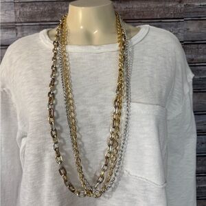 Tri Color Rose white and gold tone chain necklace 3 layer